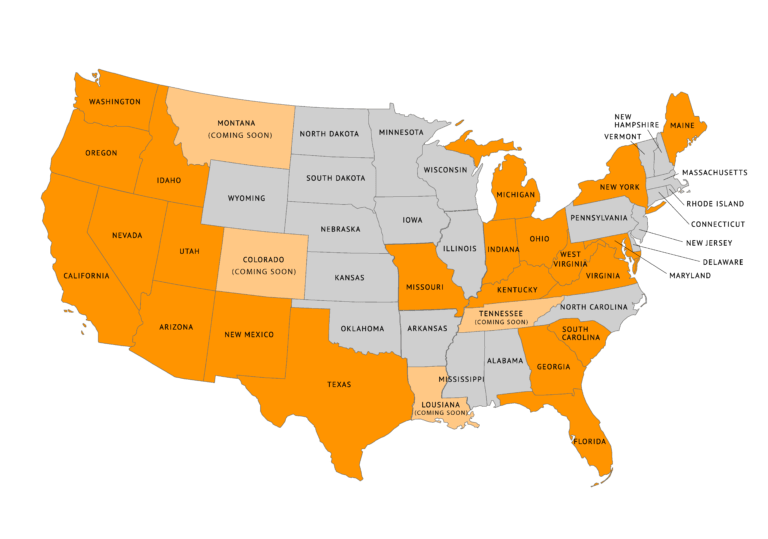 Map of the United States with states in organge and grey